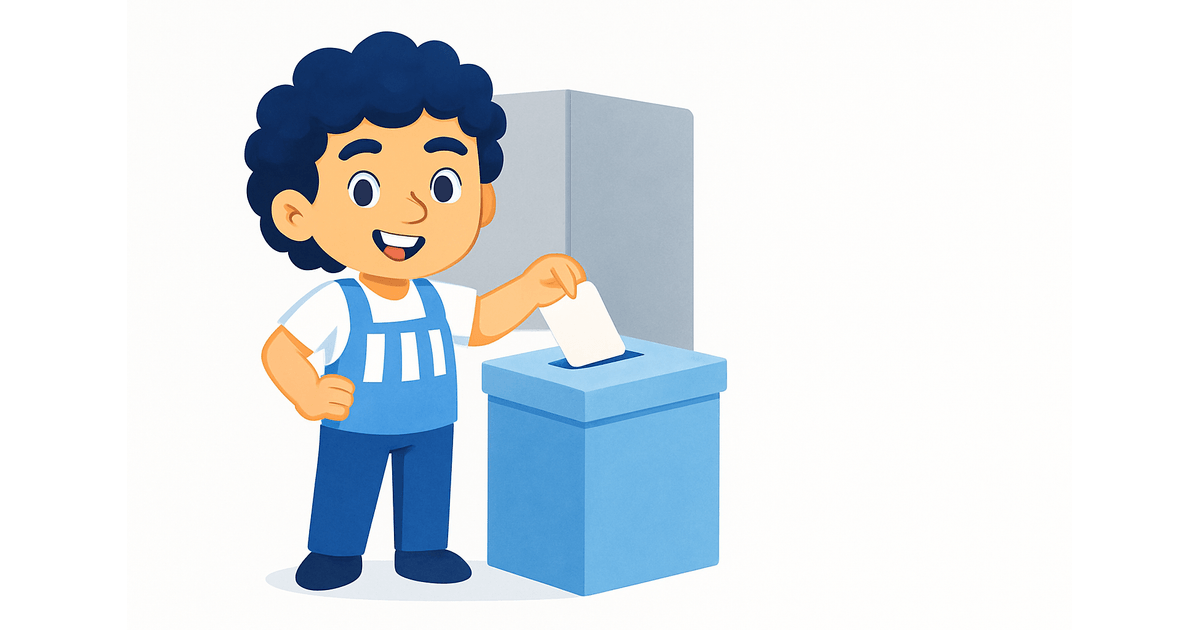 The Shukshuk character dropping an envelope into a blue ballot box, a voting screen behind him