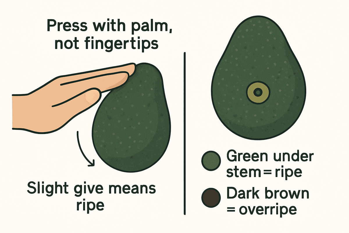 Avocado check diagram: press with the palm, and the color under the stem plug — green means ripe, dark brown means overripe