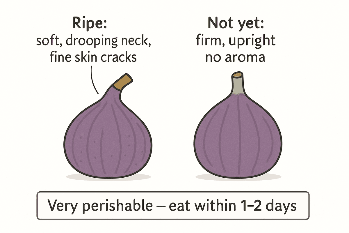 Fig diagram: a ripe fig with a drooping neck and fine skin cracks next to a firm, upright unripe one