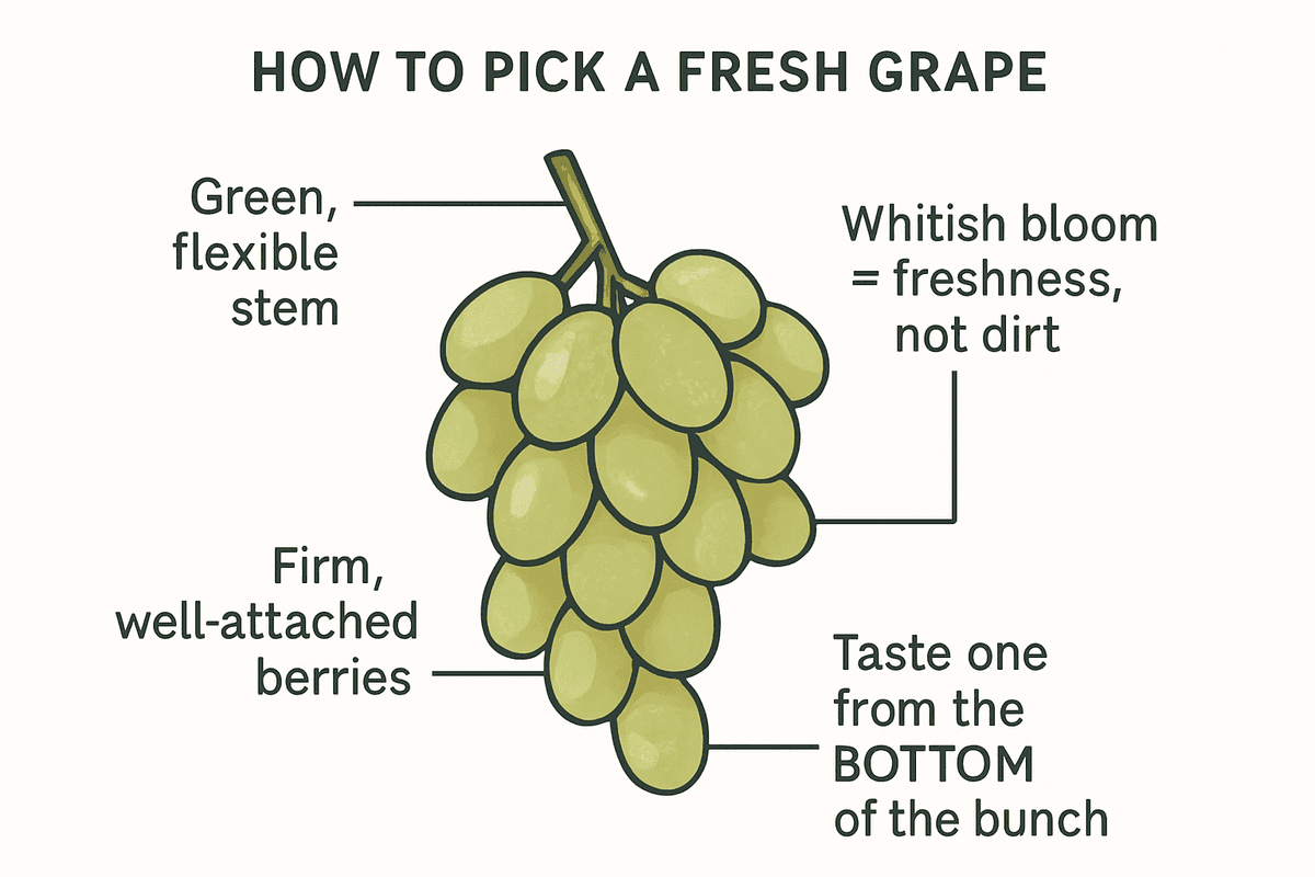 Grape picking diagram: green flexible stem, whitish bloom on the berries, taste one from the bottom of the bunch
