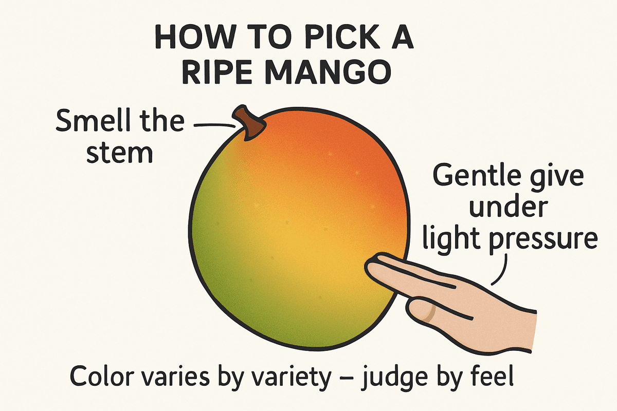 Mango picking diagram: smell the stem, gentle give under light pressure from the palm, color varies by variety
