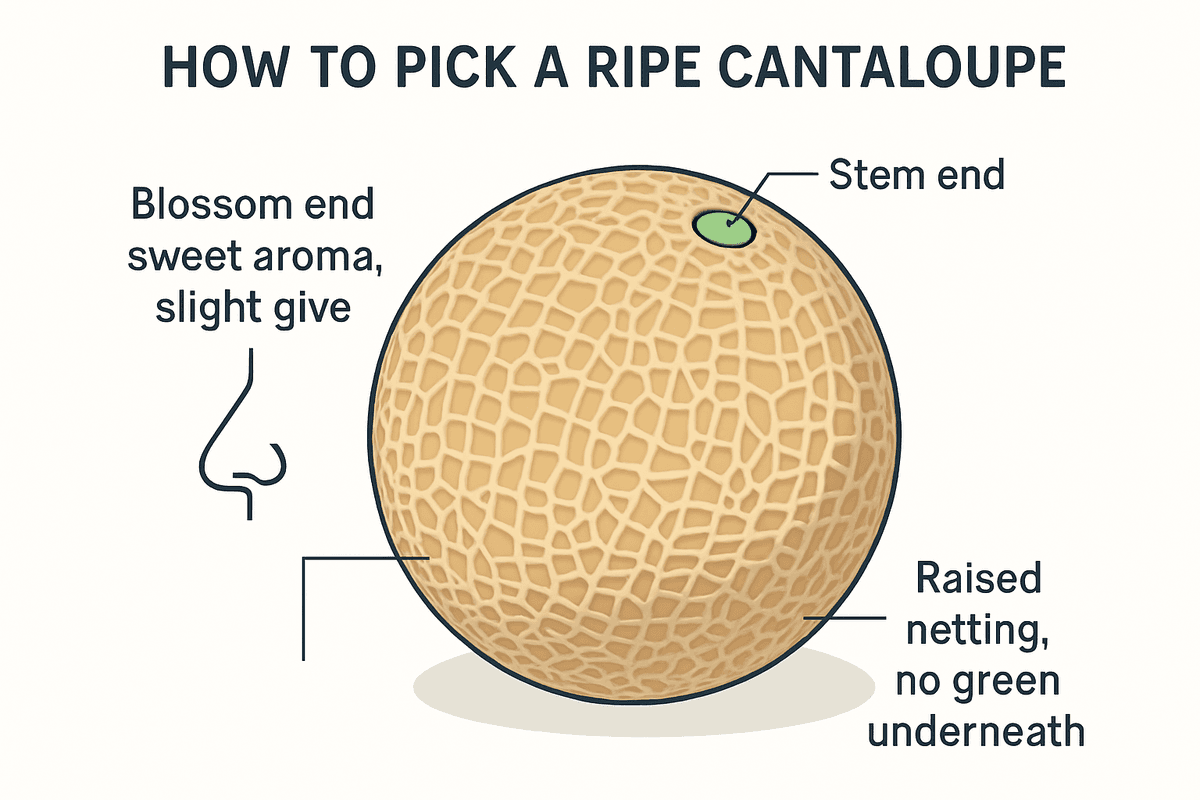 Melon picking diagram: the blossom end opposite the stem for aroma and give, raised netting with no green underneath