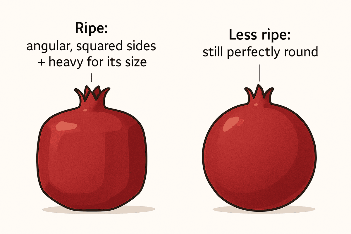 Pomegranate diagram: a ripe one with flattened, angular sides next to a perfectly round, less ripe one