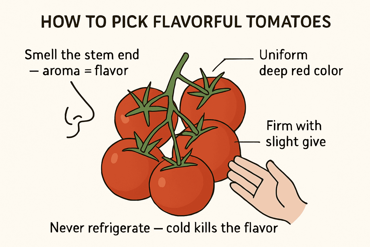 Tomato picking diagram: smell the stem end, uniform deep red color, firm with a slight give