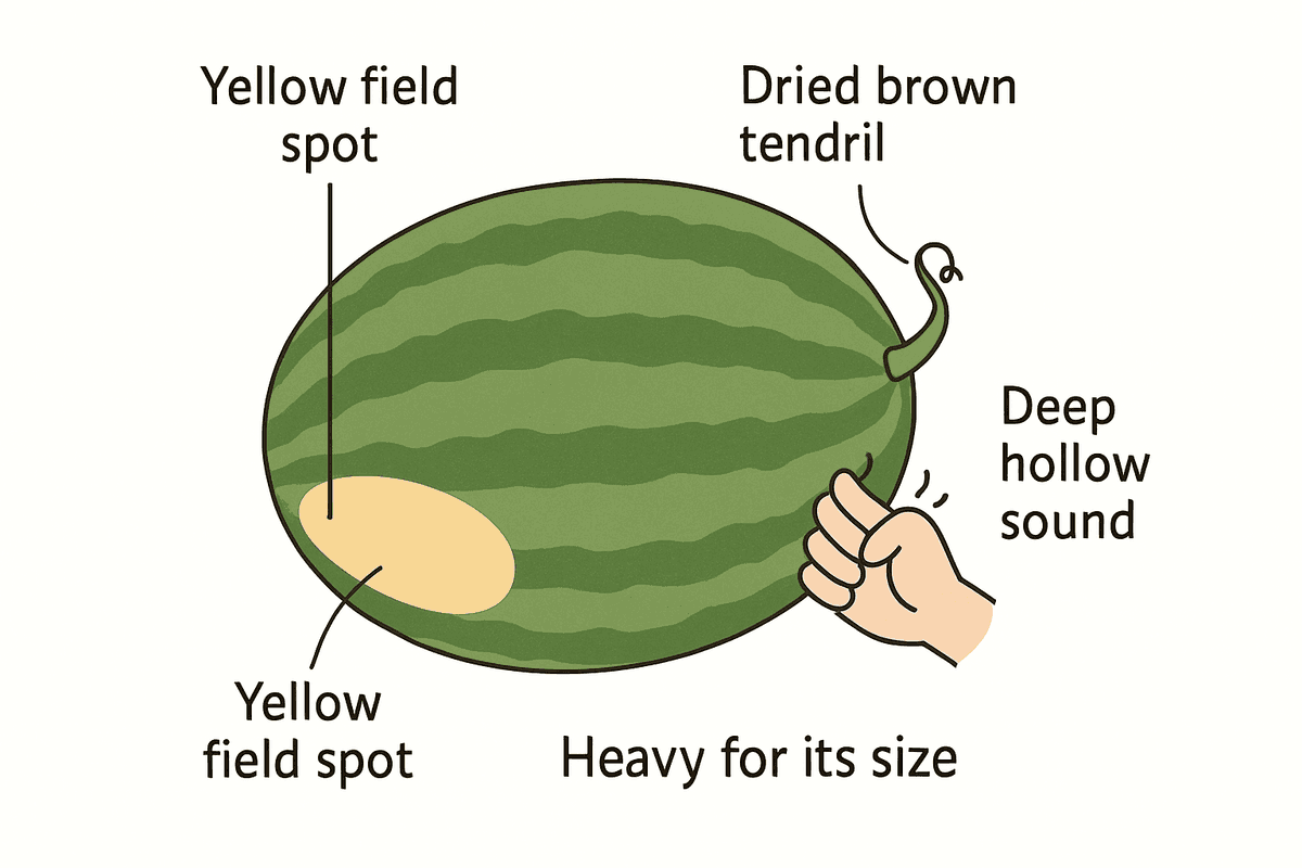 Watermelon picking diagram: yellow field spot on the underside, dried brown tendril, deep hollow knock