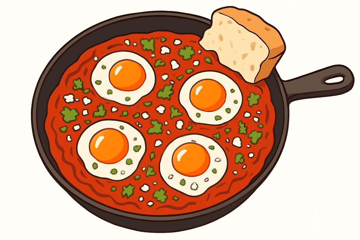 Shakshuka in a cast-iron pan — eggs poached in red tomato sauce with parsley and bread on the side