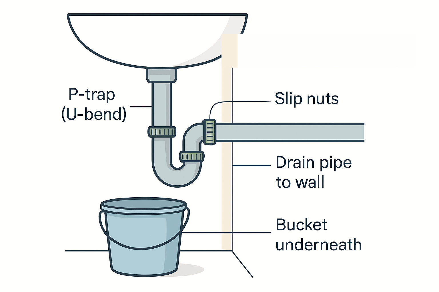 תרשים סיפון (P-trap) מתחת לכיור — אומי חיבור, ברך U ודלי מתחת